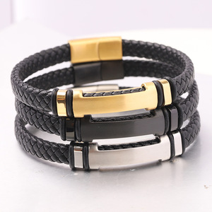High Quality Personal Engraved Logo <b>Bracelet</b> High <b>Leather</b> Weaving Personalized Stainless Steel <b>Leather</b> <b>Bracelet</b> Men's - Product Image 2