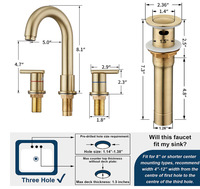 Robinet de lavabo à 2 poignées de 8 pouces en laiton brossé, avec cartouche céramique, installation 3 trous, finition dorée pour usage hôtelier