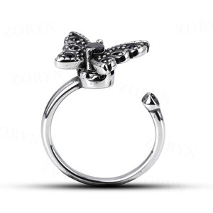 316LStainless Steel <b>Fidget</b> <b>Rings</b> Butterfly Design Multi Black Gemstone Inlay Retro Texture Open Adjustable Jewelry for Men Women - Product Image 4