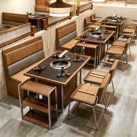 Ensemble de table de restaurant BBQ, table de barbecue sans fumée pour l'intérieur, structure en bois et métal, table de barbecue avec chaises pour restaurant de fondue
