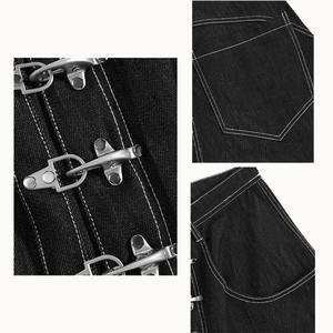 Jean baggy en denim brut personnalisé pour homme avec boucle de pompier et boutons, surpiqûres contrastantes blanches, coupe incurvée - Product Image 3