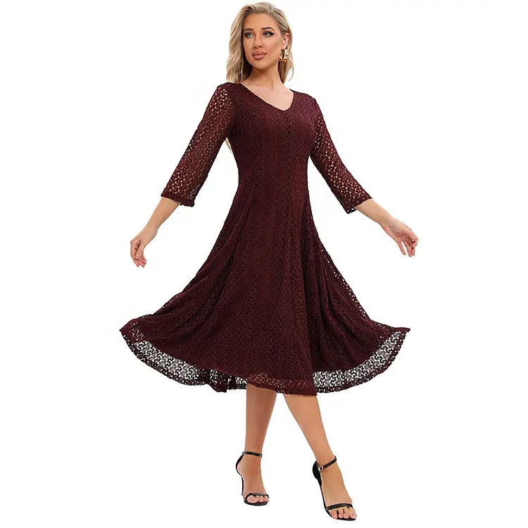 Women's New Arrival Spring Summer V-Neck 3/4 Sleeve Jacquard Lace Fit and Flare Dress Formal Dress