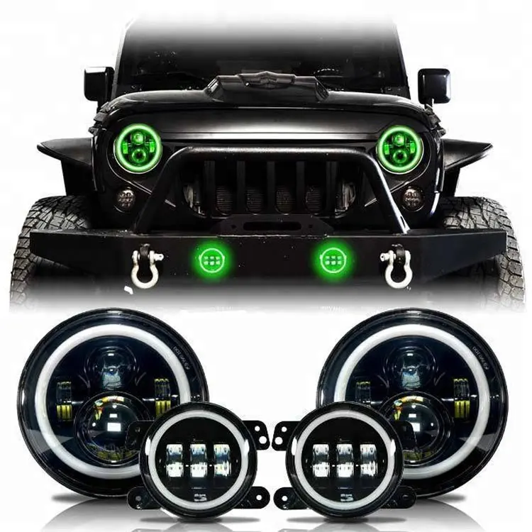 DOT Black 7 Inch Round LED Headlight And Fog Light Kit With RGB Halo Rings By APP Control H4 To H13 Plug For Jeep Wrangler