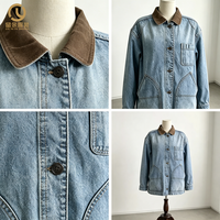 Manteau en jean bleu clair pour femme, design oversize, col en daim, poches fonctionnelles, teinture unie, rembourrage en coton, PU, hiver