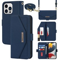 Étui portefeuille élégant en cuir PU pour smartphone, sac bandoulière détachable avec pochette miroir, coque de téléphone antichoc