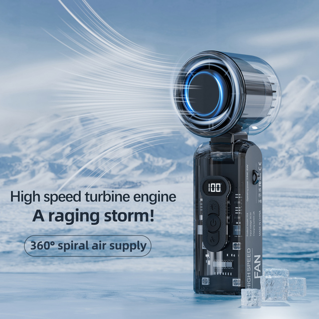 LED Display 100 Speeds USB C Rechargeable Small Pocket Fan 3600mAh Transparent Foldable Handheld Portable Turbo Fan with Lights