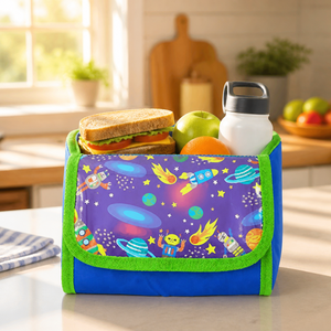 Bolsa de Almuerzo de Cuero <span class=keywords><strong>Framan</strong></span>, Aislada, a Prueba de Fugas, Suave y Moderna, con Nombres, Diseño Plegable, Patrón de Espacio y Robots - Product Image 3