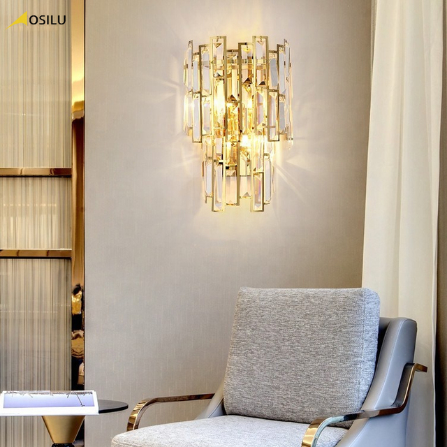 Modern Hotel Golden Plated Stainless Steel Crystal Glass Wall Lamp Antique Brass Wall Light