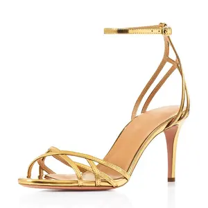 รองเท้าส้นสูง3นิ้วสำหรับผู้หญิงสีทอง, สายรัดหัวเข็มขัดสีทองรองเท้าแต่งงาน