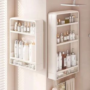 Étagère de rangement murale en plastique à <span class=keywords><strong>3</strong></span> couches pour salle de bain avec crochet de tiroir tringle à serviettes pour toilette organisateur d'épices de cuisine cosmétique - Product Image 2