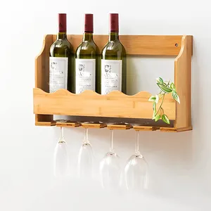 Estante de exhibición de vino de bambú para decoración del hogar con botella, soporte de vidrio, estante de almacenamiento de licor de pared, estante de vino montado en la pared