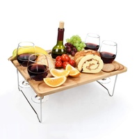 Table de pique-nique pliante en bambou, table de camping portable pour l'extérieur avec porte-bouteille et porte-verre, plateau à fromage et à en-cas écologique pour 4 personnes