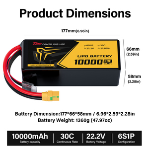 Batería LiPo de Alta Tasa de Descarga 350Wh/kg 30C, 22.2V 10Ah 6S1P, Paquete Flexible Ultraligero (Solo 1360g) para Drones FPV de Carga Pesada y UAVs Tácticos - Product Image 1