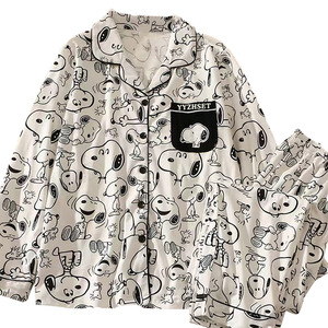 Conjunto de <span class=keywords><strong>Pijama</strong></span> para <span class=keywords><strong>Mujer</strong></span> con Estampado de <span class=keywords><strong>Snoopy</strong></span>, Camisa de Manga Larga con Botones y Cuello Solapa, Pantalones con Cintura Elástica, Ropa de Dormir Suave e Informal para Verano, ODM - Product Image 6