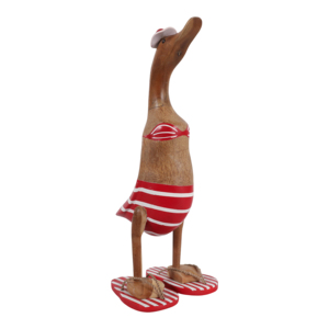 Statuetta di anatra in legno con bikini, a righe rosse e bianche, scultura decorativa per la casa, il bagno, l'ufficio, il soggiorno. - Product Image 2