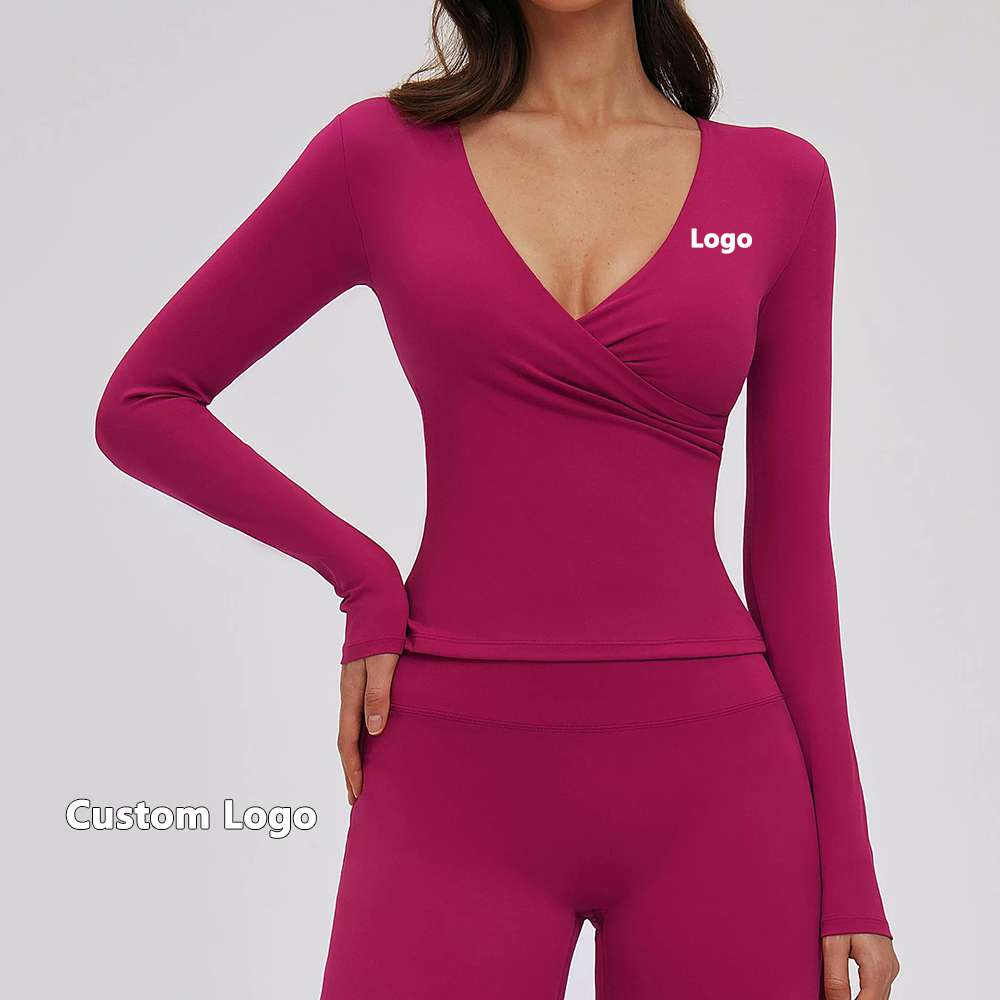 Custom Logo Long-sleeved V-neck Yoga Pilates Training Top Worn Over a Running Fitness T-shirt for Women