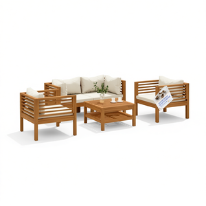 Ensemble de salon de jardin en bois d'acacia massif crème, 4 places, mobilier d'extérieur résistant aux intempéries, design contemporain - Product Image 1
