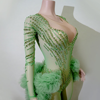 Combinaison moulante à manches longues en tulle transparent 3D ornée de strass vert menthe TianYi, tenue de scène, costume de danse pour Drag Queen AB