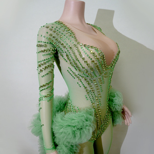 <span class=keywords><strong>Mono</strong></span> ajustado de manga larga de tul transparente 3D con pedrería <span class=keywords><strong>verde</strong></span> menta TianYi para actuaciones en escenario, disfraz de baile Drag Queen AB - Product Image 4