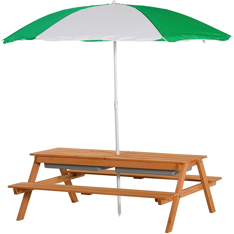Outdoor Wood Picnic Table And Bench Set With Umbrella and sandbox Kids Backyard Furniture Gift For Ages 3-8 Kids