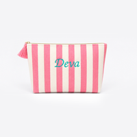 Trousse de Maquillage Portable Personnalisable en Toile Rayée Pastel Tendance avec Fermeture Éclair – Idéale pour Trousse de Toilette ou Cadeau de Douche Nuptiale