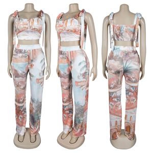 ชุดเซ็ต 2 ชิ้น เสื้อพิมพ์ลายระบายและกางเกงขายาวทรงกว้างสำหรับผู้หญิง แฟชั่นลำลอง - Product Image 6