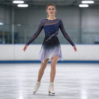 Robe de patinage et de danse dégradé bleu marine, violet et blanc, avec manches longues en maille nude et découpes ornées de strass, pour enfants et adultes, pour la compétition et la performance