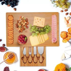 Bamboo <b>Cheese</b> Board <b>Set</b> With <b>Knives</b> Rectangular Wooden Serving Tray For Kitchen Party Snacks - Product Image 5