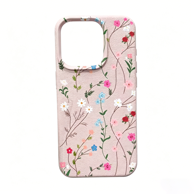 Full Screen Floral Grass Pattern Waterproof Strap Phone Case for 15 16 Pro Max Litchi Texture PU Cover Large Hole Design Cute
