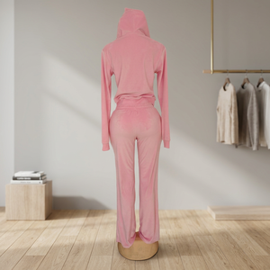 Ensemble de sweat-shirt à capuche en velours rose pour femmes, haut à fermeture éclair à manches longues, pantalon droit, tenue décontractée en 2 pièces, coupe ample pour toutes les saisons - Product Image 3