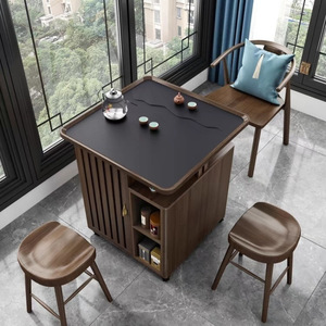 Chinese Style Balcony Tea <b>Table</b> Solid Wood Slate Top Mobile Wheeled Tea Cart With Storage Home Use Coffee <b>Table</b> - Product Image 1