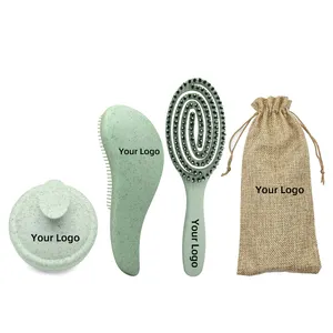 Private Label Wheat Straw Silicon Hair Brush Curly Detanglign Comb Scalp Massager Shampoo Brush With Bag