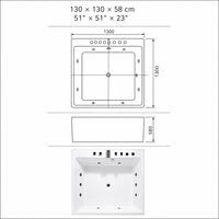 Baignoire hydromassante en acrylique à prix de gros, design carré 1300x1300mm avec jets d'eau, finition blanche et drain central