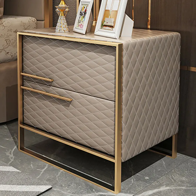 Luxury Modern Bedroom Furniture gold metal frame wood leather night stand bed side table for hotel home