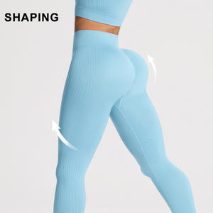 Conjunto de Yoga para Mujer, Cintura Alta, Cuello Redondo, Leggings Elásticos en Cuatro Direcciones, Top Corto de Manga Corta, Ropa Deportiva Azul - Product Image 2