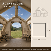 Tente de camping gonflable quatre saisons de 6,3 m² avec porte unique, lanterneau et auvent, en tissu Oxford 300D beige kaki, pour 3 à 6 personnes, idéale pour le glamping