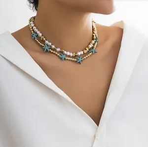 Verano Boho océano azul estrella de mar Concha estrella arroz cuentas doble capa cadena Collar para mujer perla de imitación gargantilla collar Be