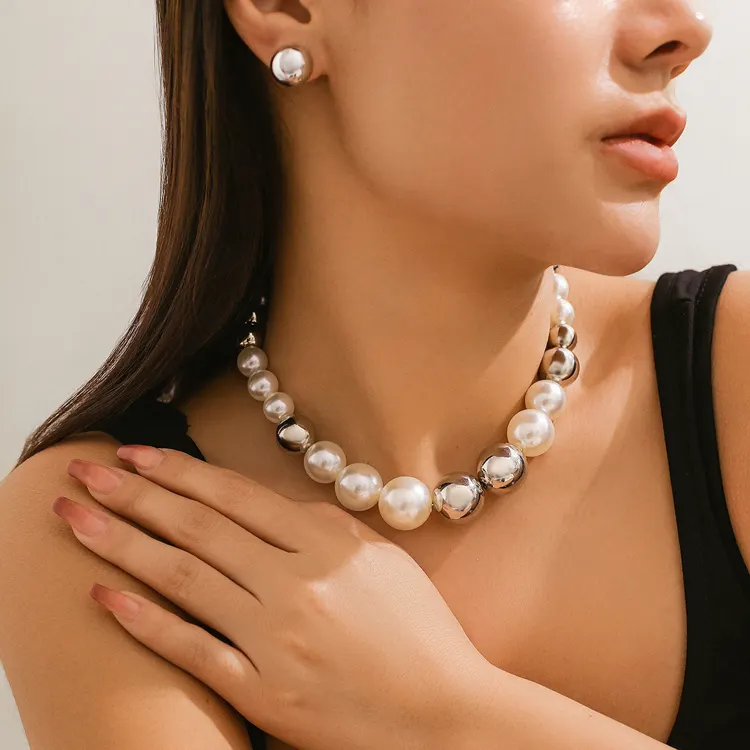 Modedesign Perlenohrringe Damen übertriebene Persönlichkeit CCB große runde Perlen Perlenkette-Set 2024