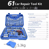 Kit d'outils de réparation automobile 61 pièces galvanisé avec clés à molette, clés à cliquet, tournevis et douilles, 30 kits, source OEM, mallette rigide