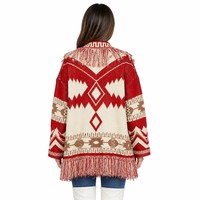 Cardigan grec à franges en acrylique tricoté, col châle, manches longues, grande taille, rouge et blanc, avec logo personnalisé, pour femme, chic et tendance, automne-hiver