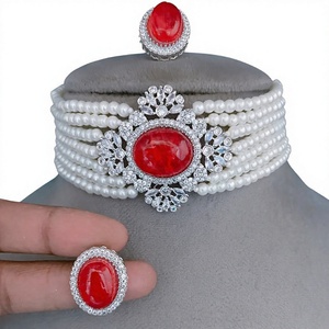 Glamorous Precision Finish Premium Vibe <b>Silver</b> Polish Zircon Beads Pearls Look <b>Choker</b> Set Earrings Party Wedding Collection - Product Image 2
