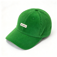 Casquette de baseball unisexe en velours côtelé à 6 panneaux, style vintage structuré, visière incurvée, patch avec étiquette tissée, vert uni, boucle métallique réglable, décontractée
