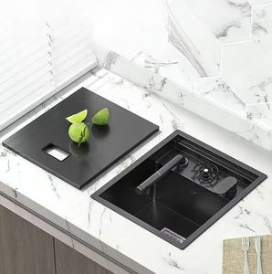 Évier de <span class=keywords><strong>cuisine</strong></span> encastré en acier inoxydable, fabrication industrielle, cuve unique, finition nano noire, robinet design moderne, garantie 5 ans, à poser sur comptoir - Product Image 2