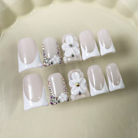 10 pièces blanc français ongles pointe 3d fait à la main sculpté fleur manucure peint à la main court carré couverture complète à la main presse sur les ongles