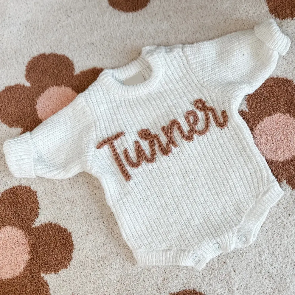 New Arrival 100% Cotton Custom Embroidery Name Kids Baby Knit Sweater Romper