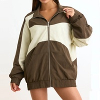 Vêtements pour dames vente en gros personnaliser Oversize coupe ample fermeture éclair entonnoir veste de survêtement femmes couleur bloc petit ami grande taille vestes