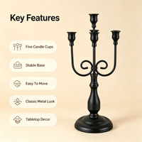 Candélabre de table vintage en fer noir à 5 bras pour bougies coniques, chandelier en métal pour décoration de mariage et salle à manger