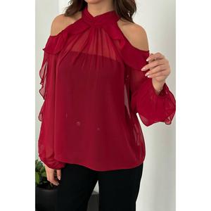 Blusa de Mujer al por Mayor, Color Borgoña, Hombros Descubiertos, Tallas XL-3XL, Corte Holgado, Chifón y Algodón, Estilo Casual Bohemio, Color Sólido, para Verano, Otoño y Primavera - Product Image 2