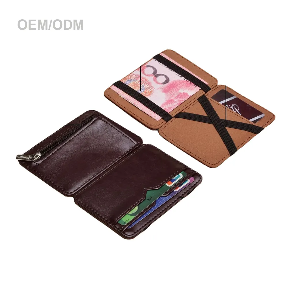 Unique Designed Elastic Strap Zipper Hinged Pu Leather Magic Slim Wallet Money Clips For Men Men's Leather Wallet