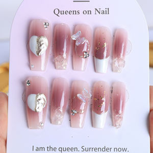 Faux Ongles de Luxe Faits Main en Acrylique à Coller, Forme Cercueil, Couverture Complète 3D, French Manucure, Motif Papillon, Haute Qualité, Vente en Gros - Product Image 2